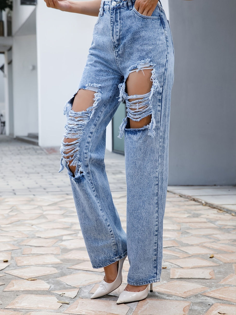 Thumbnail: FIGOHR Ripped Straight Leg Loose Fit Jeans, High Rise Wide Legs Distressed