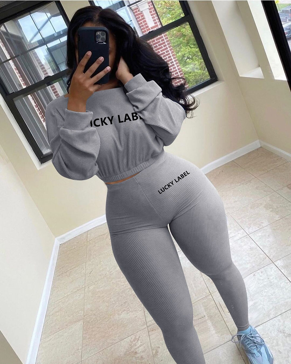 Thumbnail: Letter Printed Embroidery Women Two Piece Ribbed Tracksuits Fall Spring Long