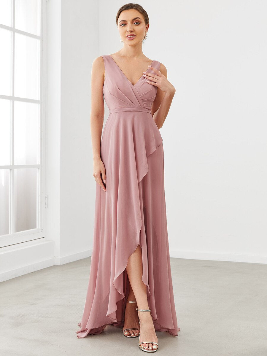 Thumbnail: Chiffon Ruffled Hem Front Slit V-Neck Sleeveless Bridesmaid Dress