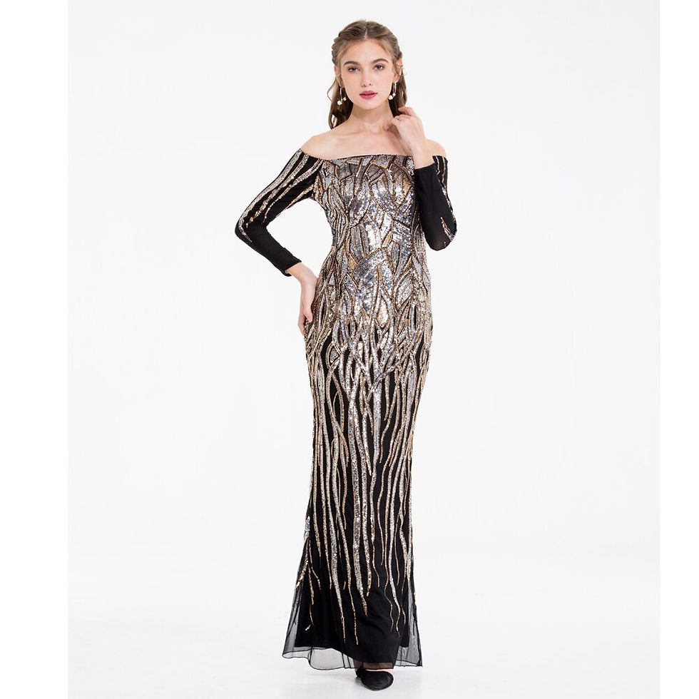Thumbnail: Angel-fashions Vintage Sequin Prom Gown Off Shoulder Long Sleeves Gold Silver