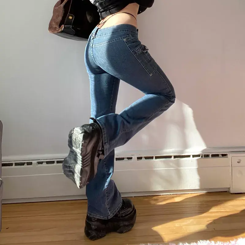 Thumbnail: Y2K Low Waisted Jeans Blue Pockets Bandage Fashion Cargo Pants Aesthetic
