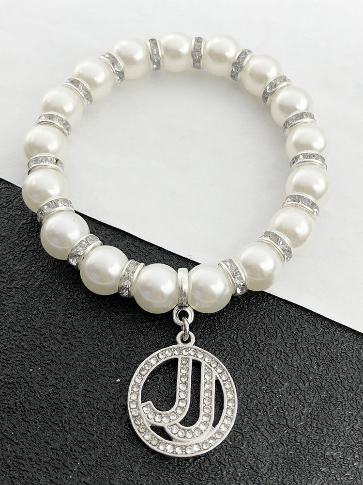 Thumbnail: Handmade Greek Sorority Elastic Pearl Rhinestone Jack &Jill Charm Bracelet