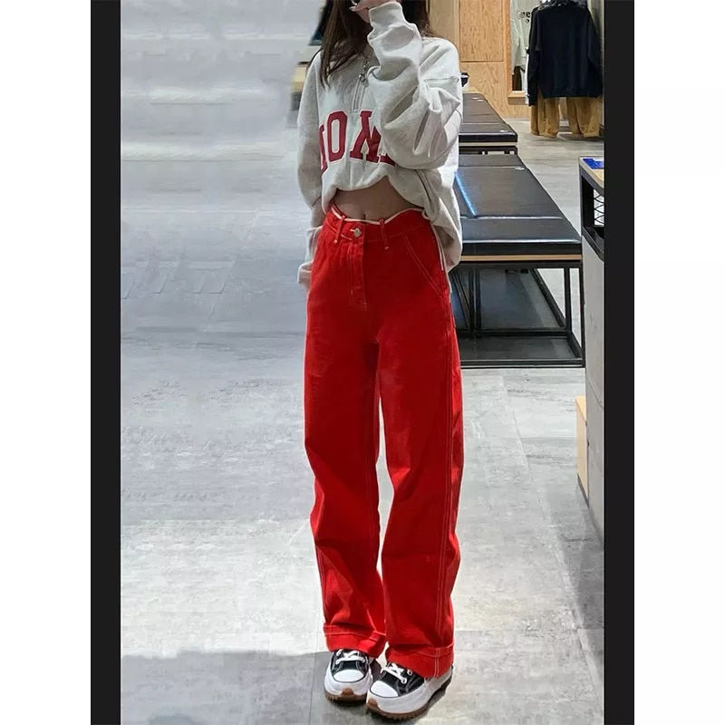 Thumbnail: Street Red Jeans Women's New Loose American Retro High Waist Wide Leg