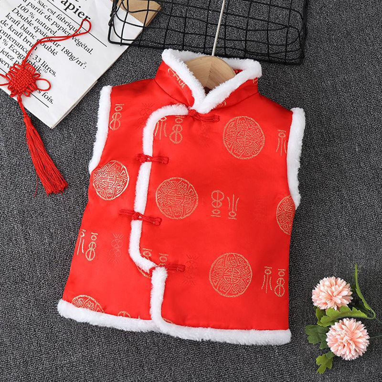 Kid Winter Warm Chinese Tang Suit Vest Children New Year Embroidery Ethnic