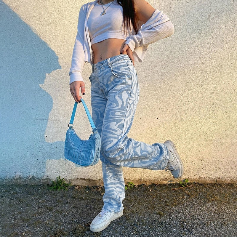 Thumbnail: High Waist Rockmore Zebra Pattern Women'S Jeans 90s Streetwear Trousers