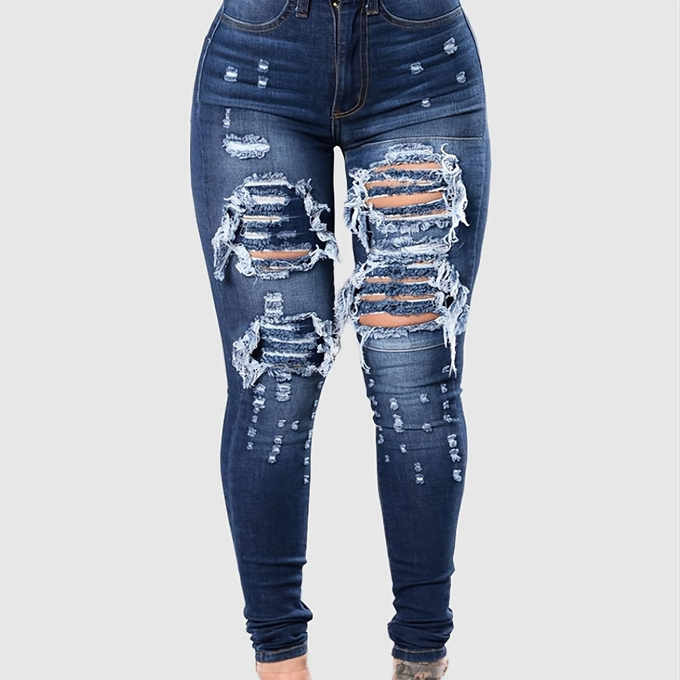Thumbnail: FIGOHR Navy Blue Ripped Holes Skinny Leg Jeans, Distressed Skinny Denim Pant
