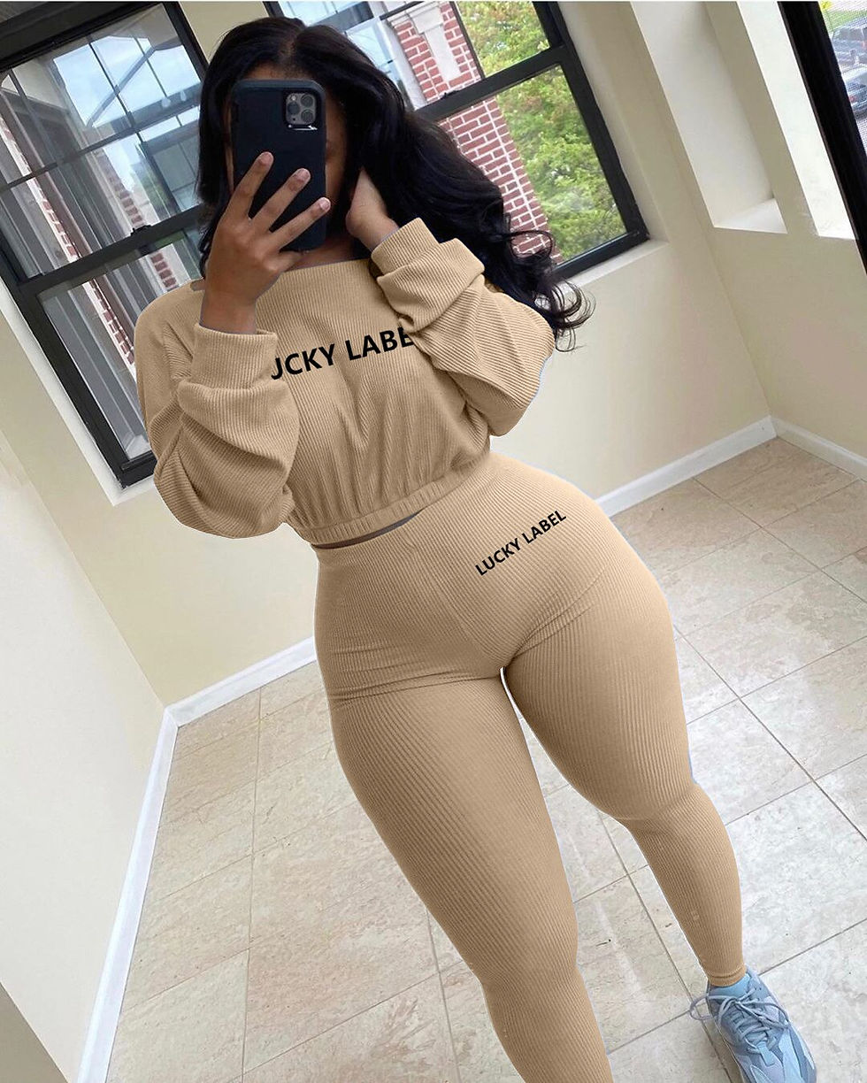 Thumbnail: Letter Printed Embroidery Women Two Piece Ribbed Tracksuits Fall Spring Long