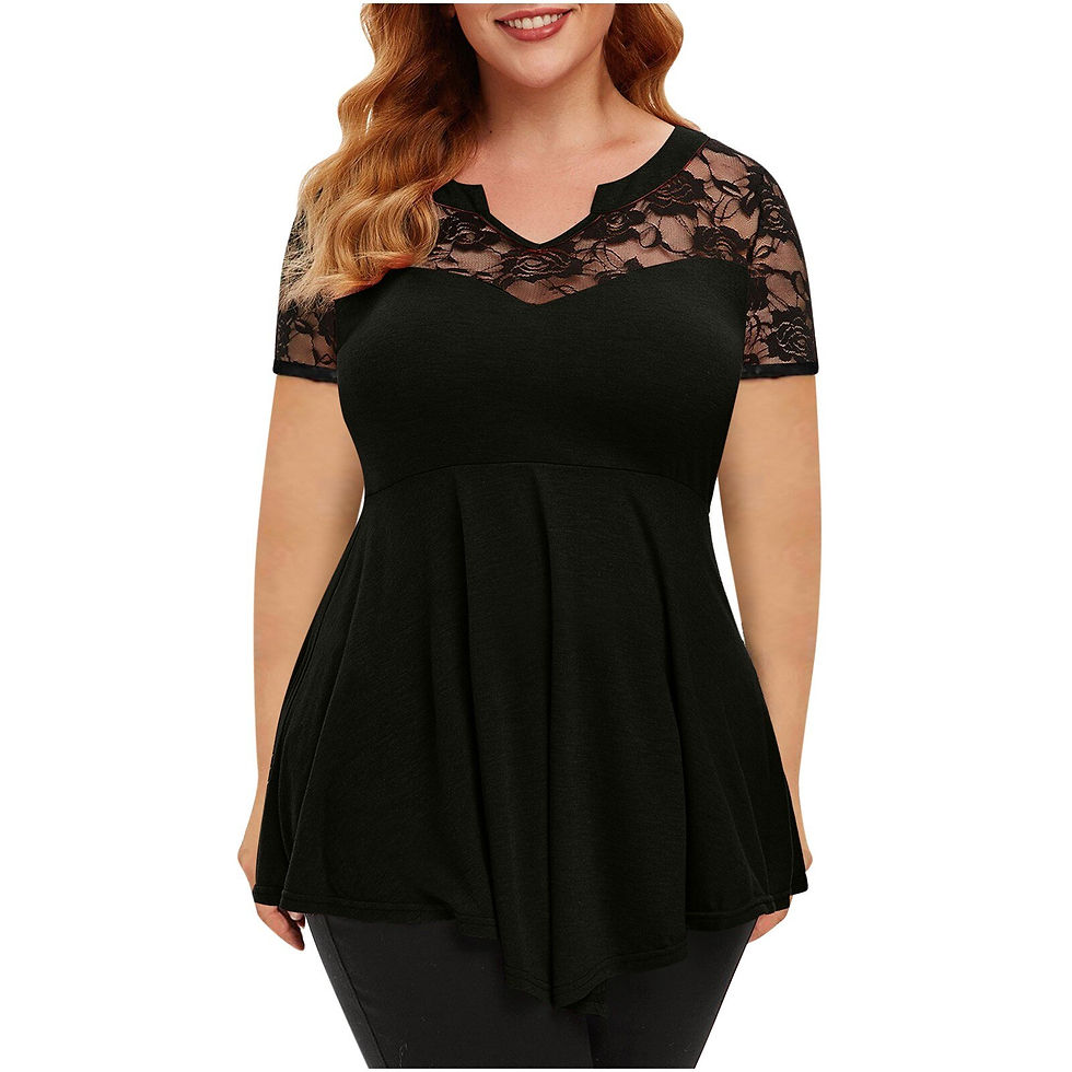 Thumbnail: Plus Size Women's Blouse Lace Neckline Casual V Neck Lace Short Sleeve Boho Loo