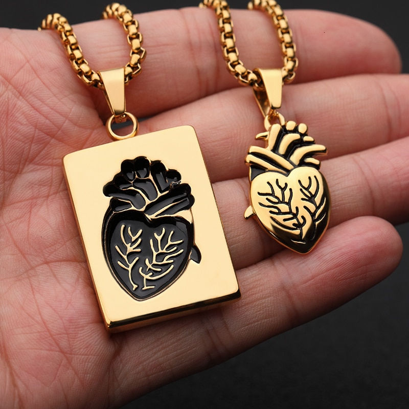 Thumbnail: Gothic Anatomical Heart Pendant Necklace Set & Puzzle Couple  Stainless Steel