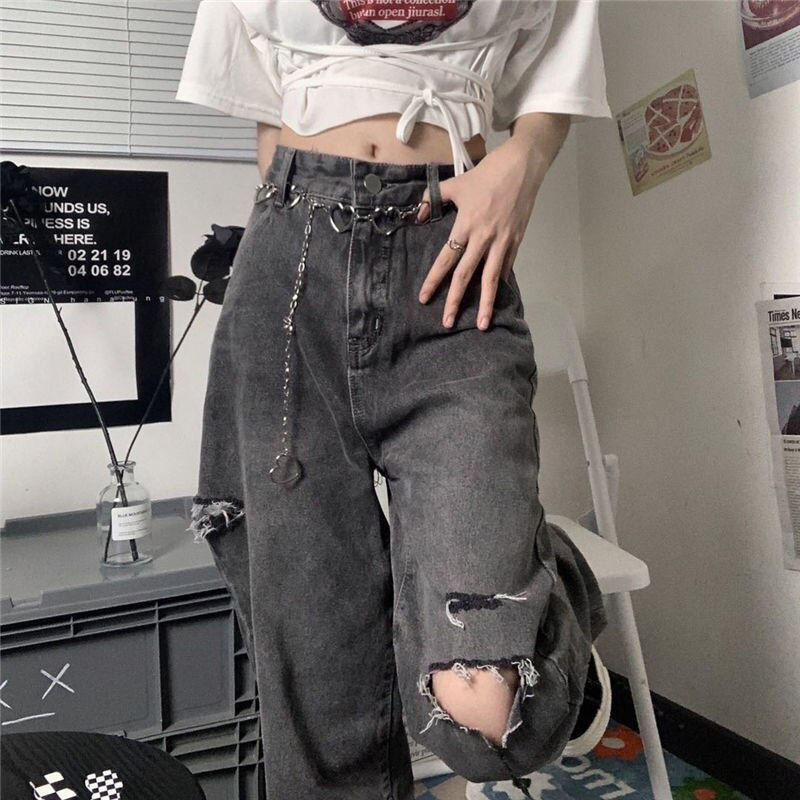 Thumbnail: Xpqbb Vintage Streetwear Dark Gray Jeans Women Y2K High Waist Ripped Denim