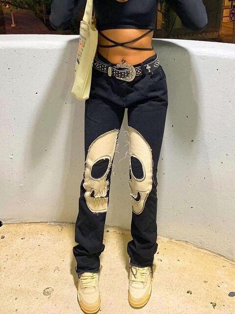 Skull Vintage Printed Jeans Women High Waist Y2K Streetwear 90S Baggy Jeans