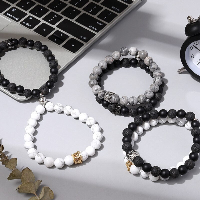 Thumbnail: 8mm Natural Stone Micro Pave Crown King Queen Beads His and Hers Couple