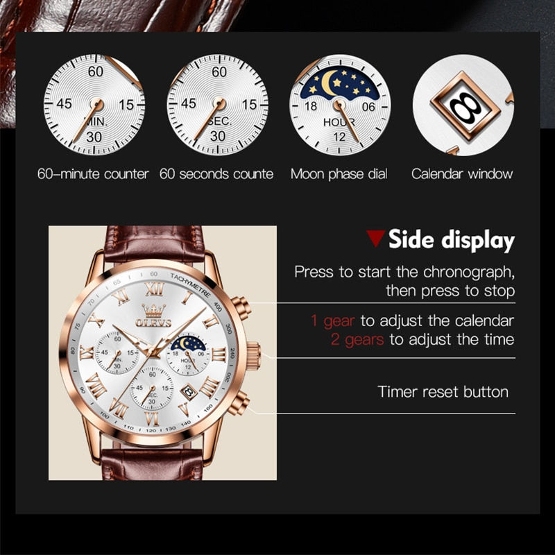 Thumbnail: OLEVS Men's Watches Brown Leather Classic Analog Quartz Watch for Man 3ATM