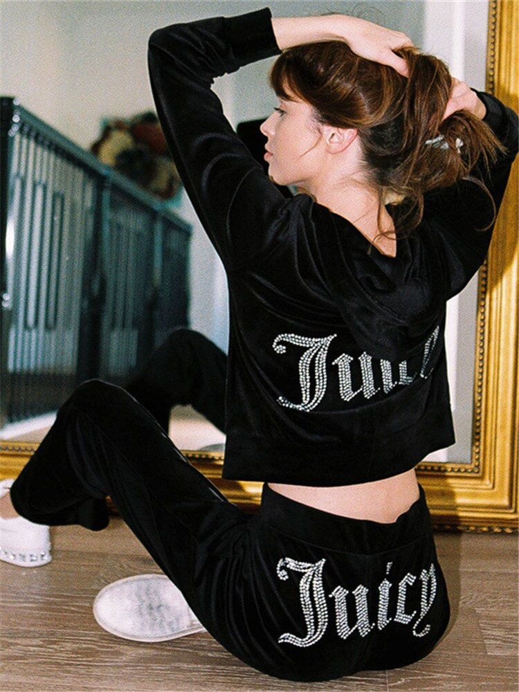 Thumbnail: Velevt Two Piece Set Diamonds Hoodie Crop Jacket  And Joggers Pants Outfits