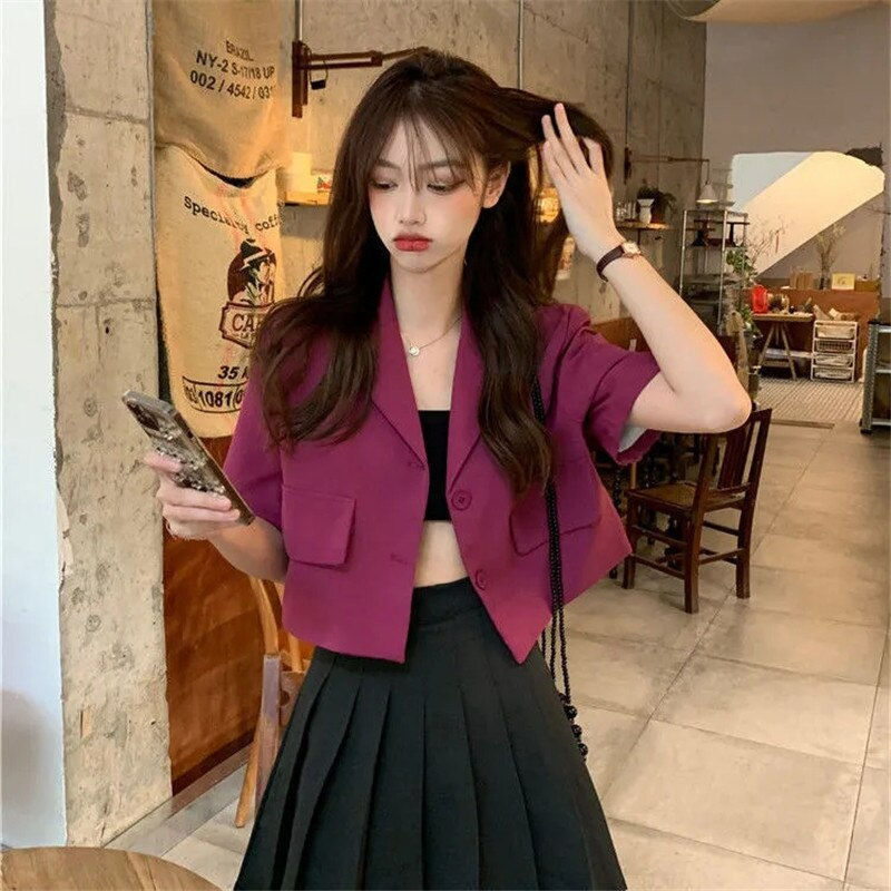 Thumbnail: Solid Short Blazer Short Sleeve Jackets for Women Korean Harajuku Casual Korean