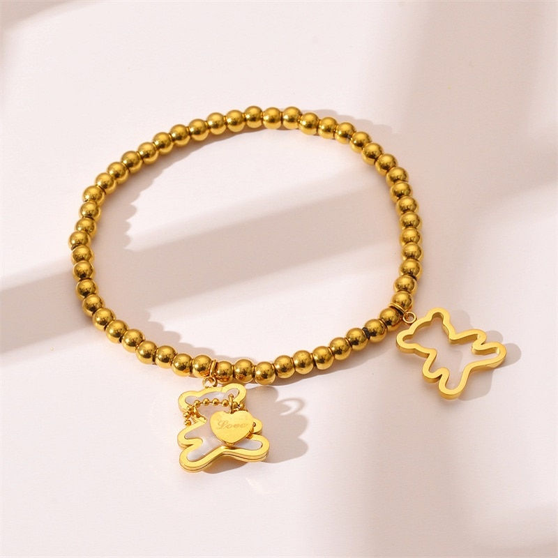 Thumbnail: Titanium Steel Bracelet Bear And Heart Bangles Stretch Beaded Bracelet