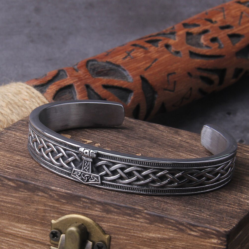 Thumbnail: Stainless Steel Men's Handmade Nordic Rune Bangle with Viking thor's hammer