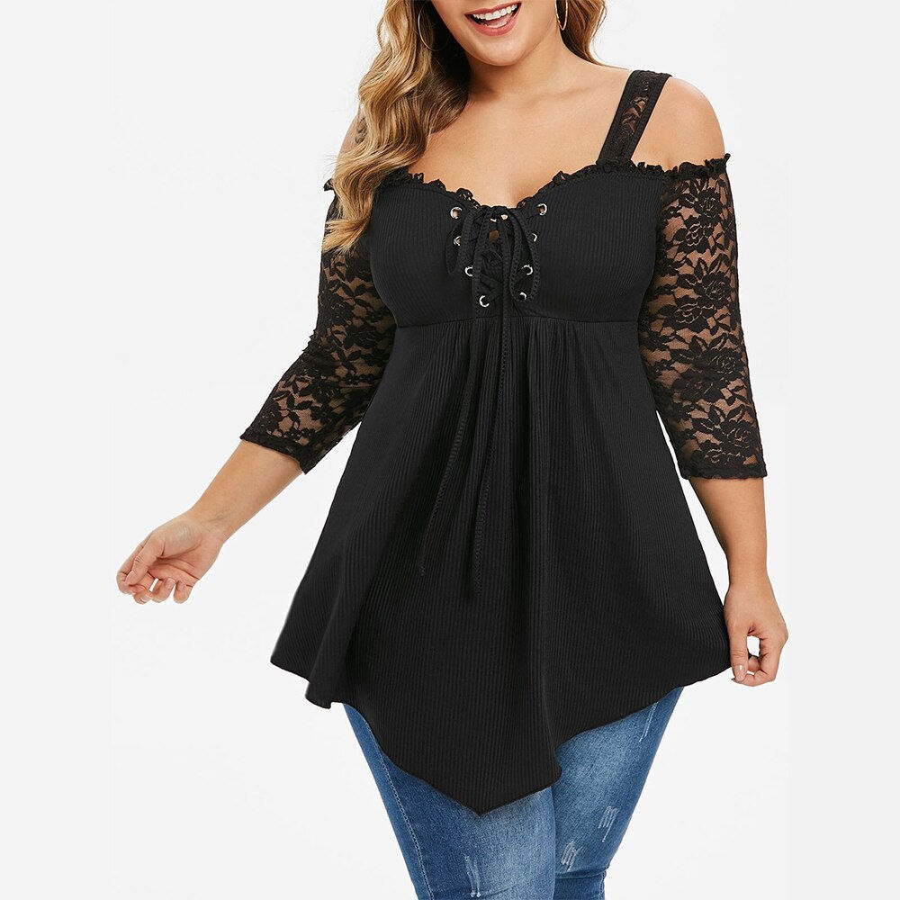 Womens Plus Size Tops Asymmetric Three Quarter Sleeve Tunics T Shirt Off The