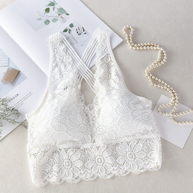 Miniature : Gorgeous Floral Bras For Women Lace Bralette Backless Wireless Crop Top Fashion