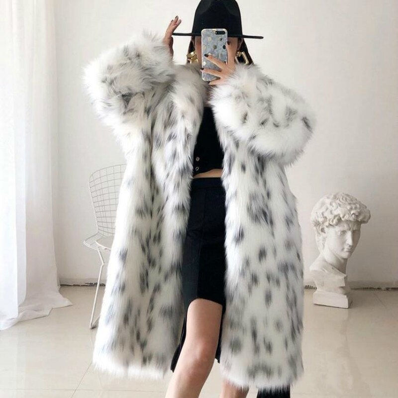 Thumbnail: Fashion Faux Fox Fur Coat Women 2022 Winter Casual Spliced Leopard Print Fur