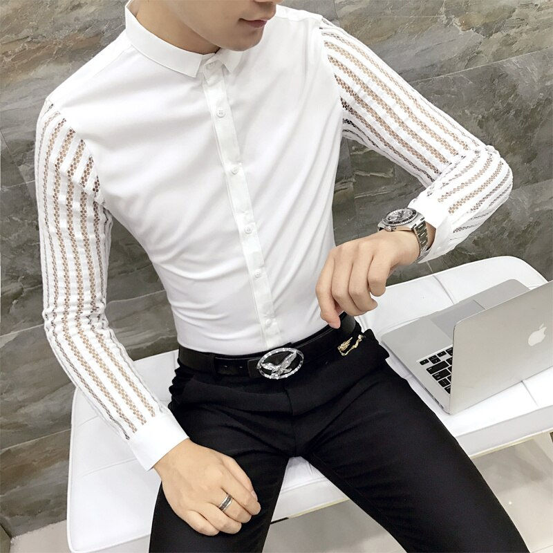 Indexkép: New Mens Black White Lace follow Patchwork Shirt Long Sleeve Luxury Party
