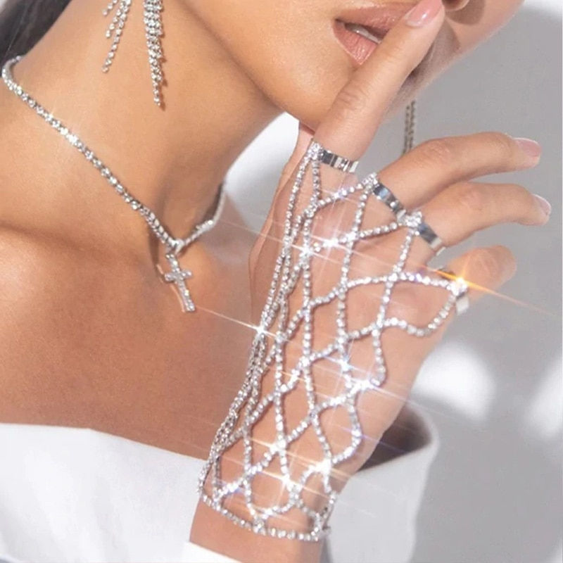 Thumbnail: Stonefans Boho Shiny Rhinestone Harness Finger Bracelet for Women Bridal