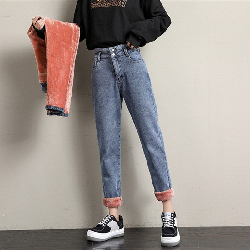 Thumbnail: New Winter Women Fleece Jeans High Waist Velvet Thickening Keep Warm Loose