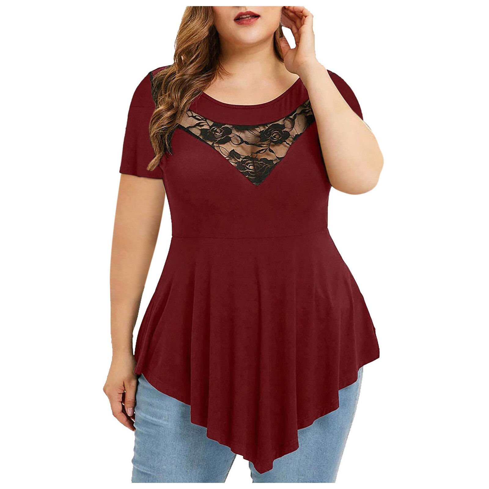 Lace Gorgeous Plus Size Tops Women Solid Floral Lace O-neck Top Asymmetric Three
