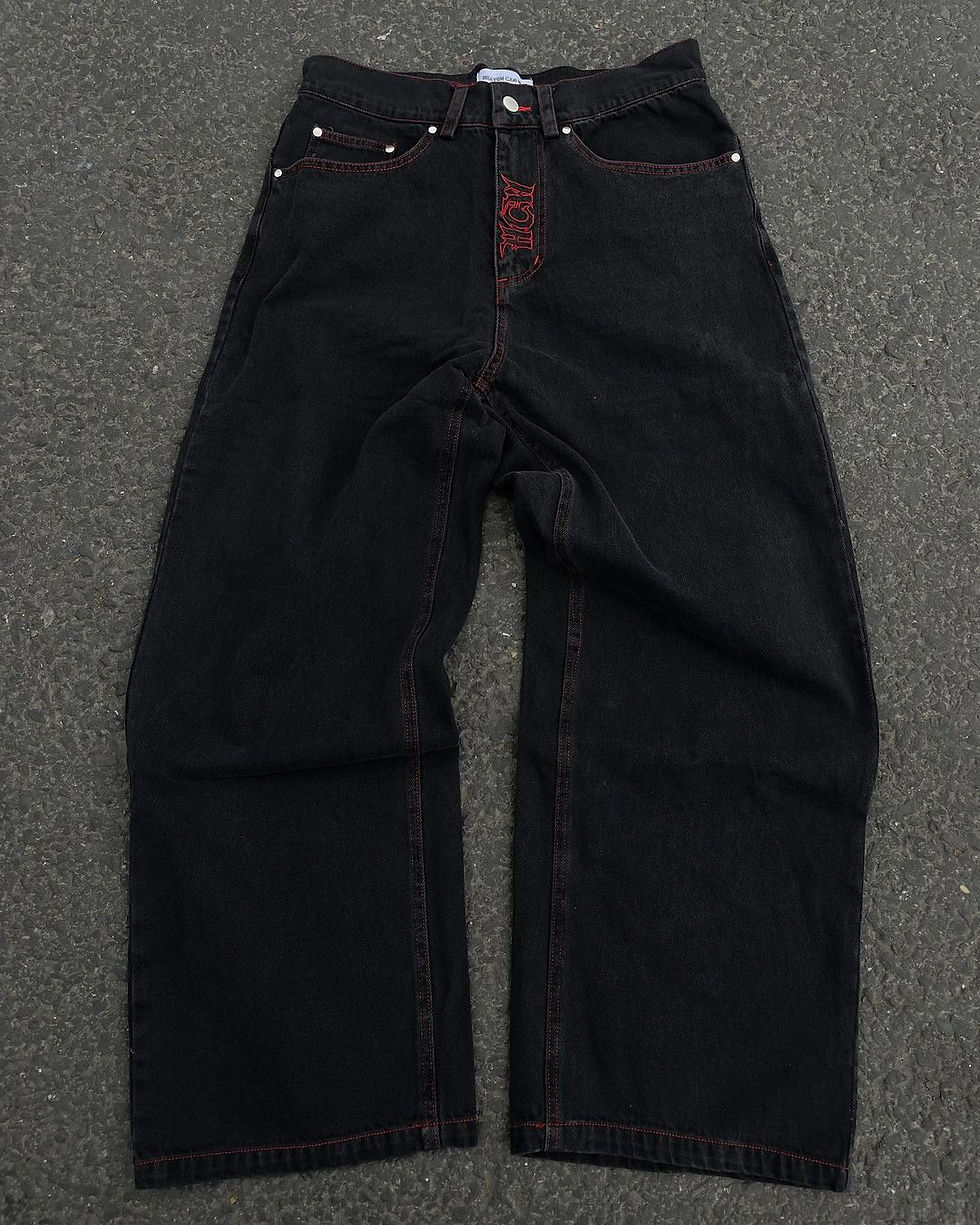 Thumbnail: Retro Skull Embroidery Washed Mens Jeans Pants Y2K Straight Casual Oversize