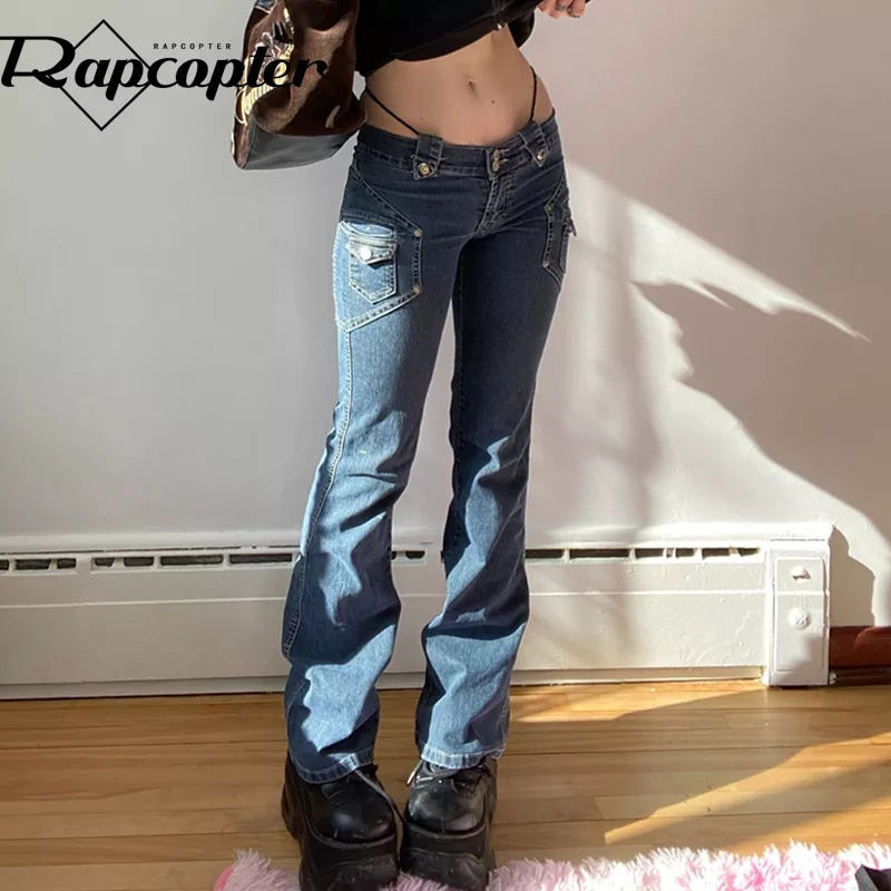 Y2K Low Waisted Jeans Blue Pockets Bandage Fashion Cargo Pants Aesthetic