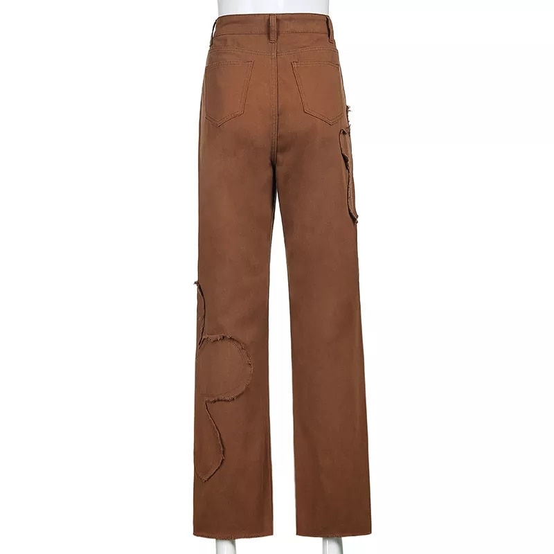Thumbnail: Brown Floral Jeans Y2K Retro Denim Pants Baggy Straight Cargo Pants Women