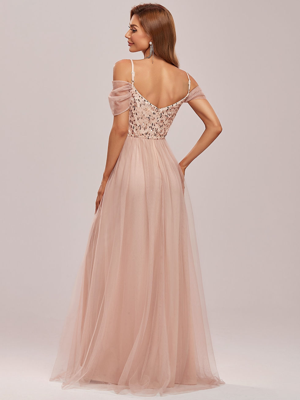 Thumbnail: Ever-Pretty Cold Shoulder Sequin Bodice Long Tulle Bridesmaid Dress