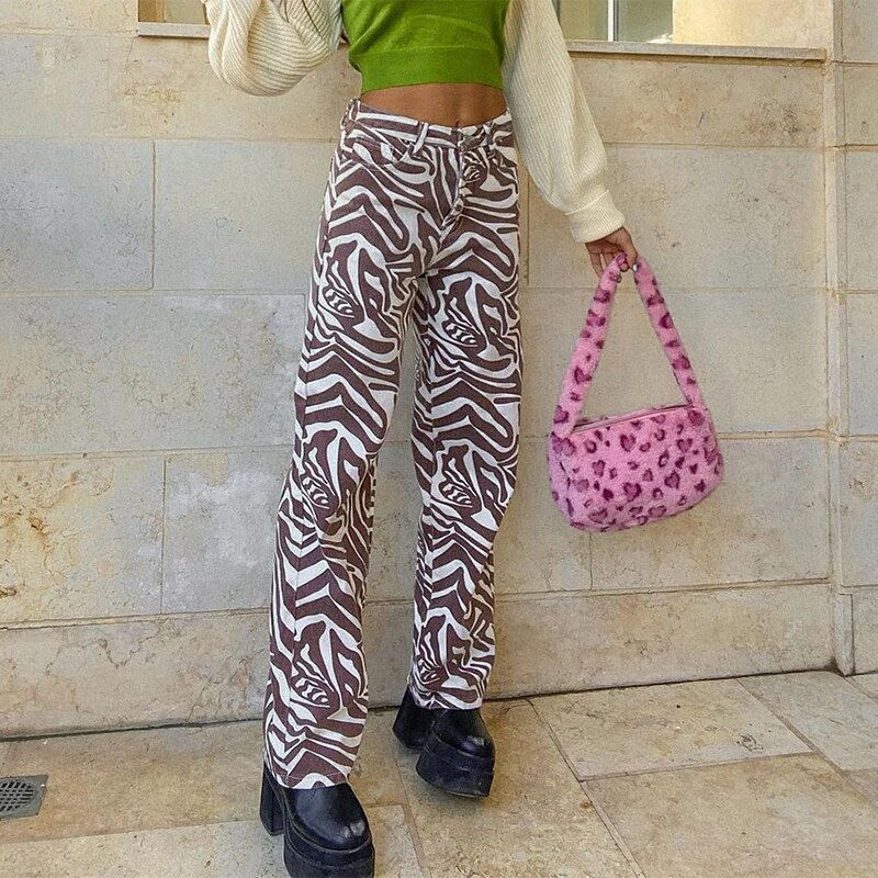 Thumbnail: Rockmore Zebra Pattern High Waist Women'S Jeans 90s Streetwear Trousers