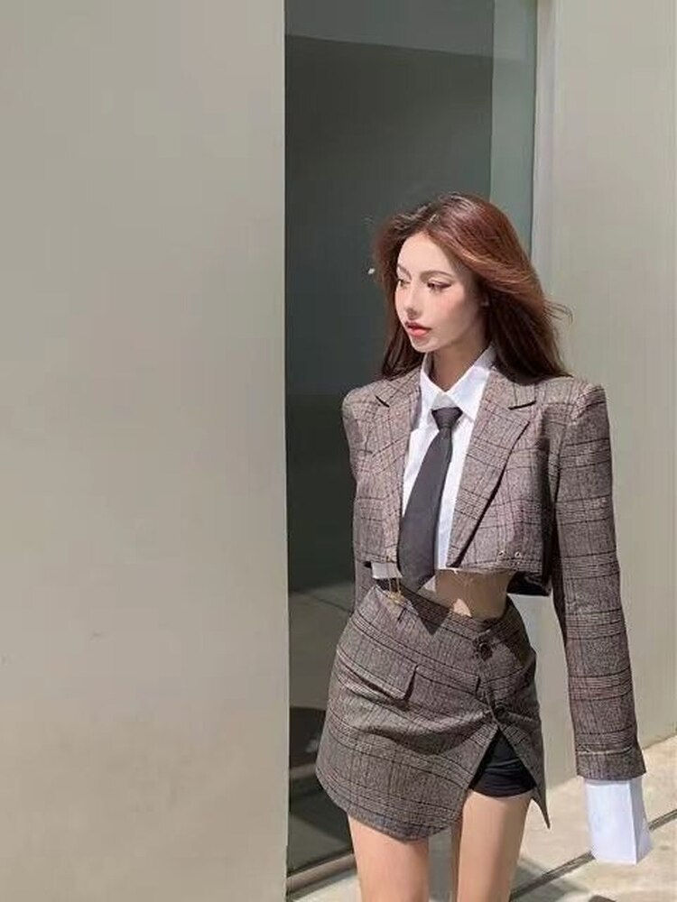 Thumbnail: Women Blazer Jacket Skirt Set Suit 2 Pieces Crop Top Plaid Elegant Chic Women