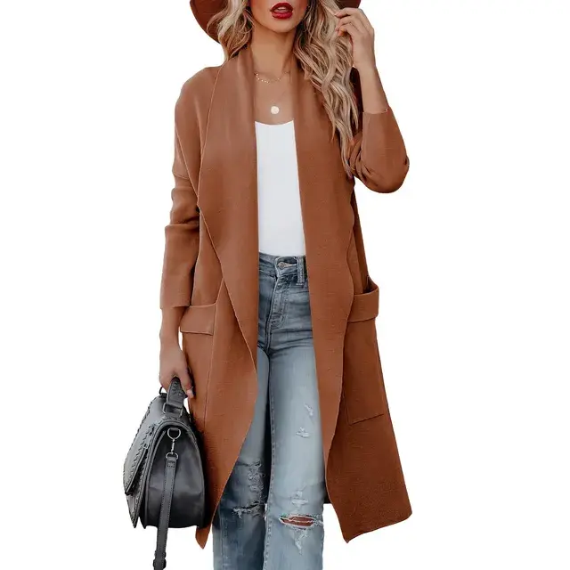 الصورة المصغرة: 2023 NEW Wool Blends Coat Women's Casual Long Sleeve Long Knitted Cardigan