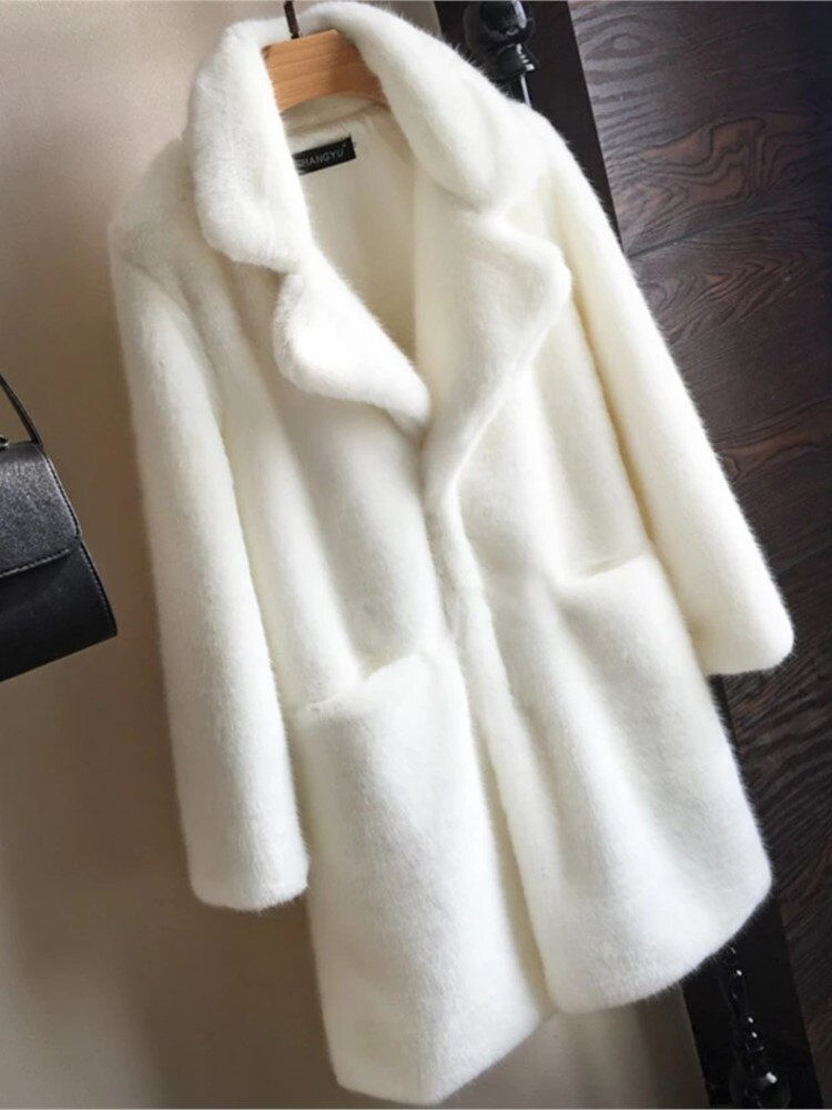 Thumbnail: HStar Women Mink Faux Fur Coat Solid Female Turn Down Collar Winter Warm