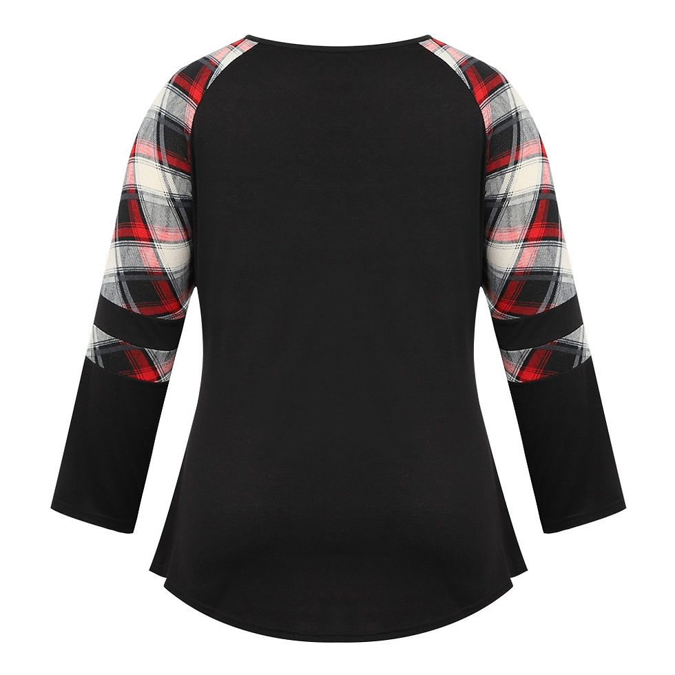 Thumbnail: Plus Size Christmas T Shirt Women's Plaid Splicing Long Sleeve Tops  Crew Neck
