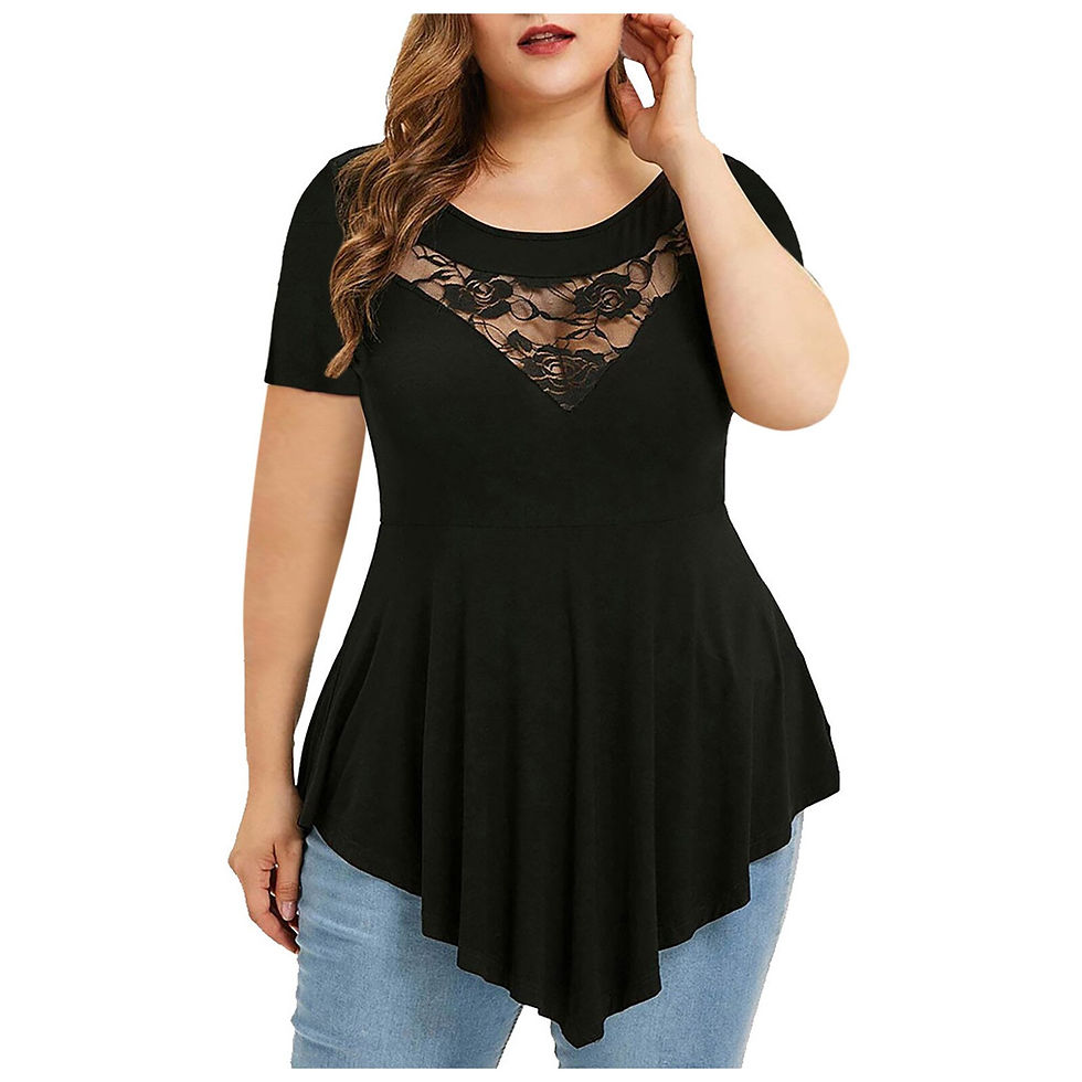 Thumbnail: Lace Gorgeous Plus Size Tops Women Solid Floral Lace O-neck Top Asymmetric Three