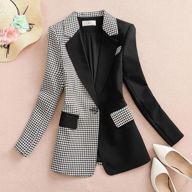 Black White Plaid Casual Women's Blazer Suits Tailoring Jacket for Women