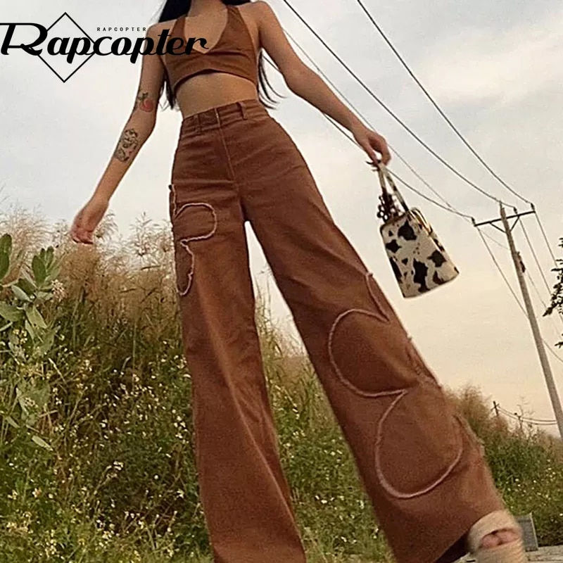 Thumbnail: Brown Floral Jeans Y2K Retro Denim Pants Baggy Straight Cargo Pants Women
