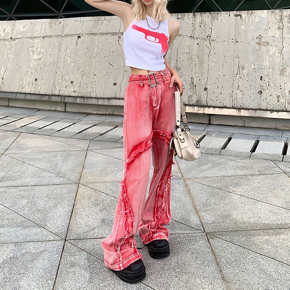 Thumbnail: American Style Vintage Washed Raw Edge Fashion High Waist Casual Trousers