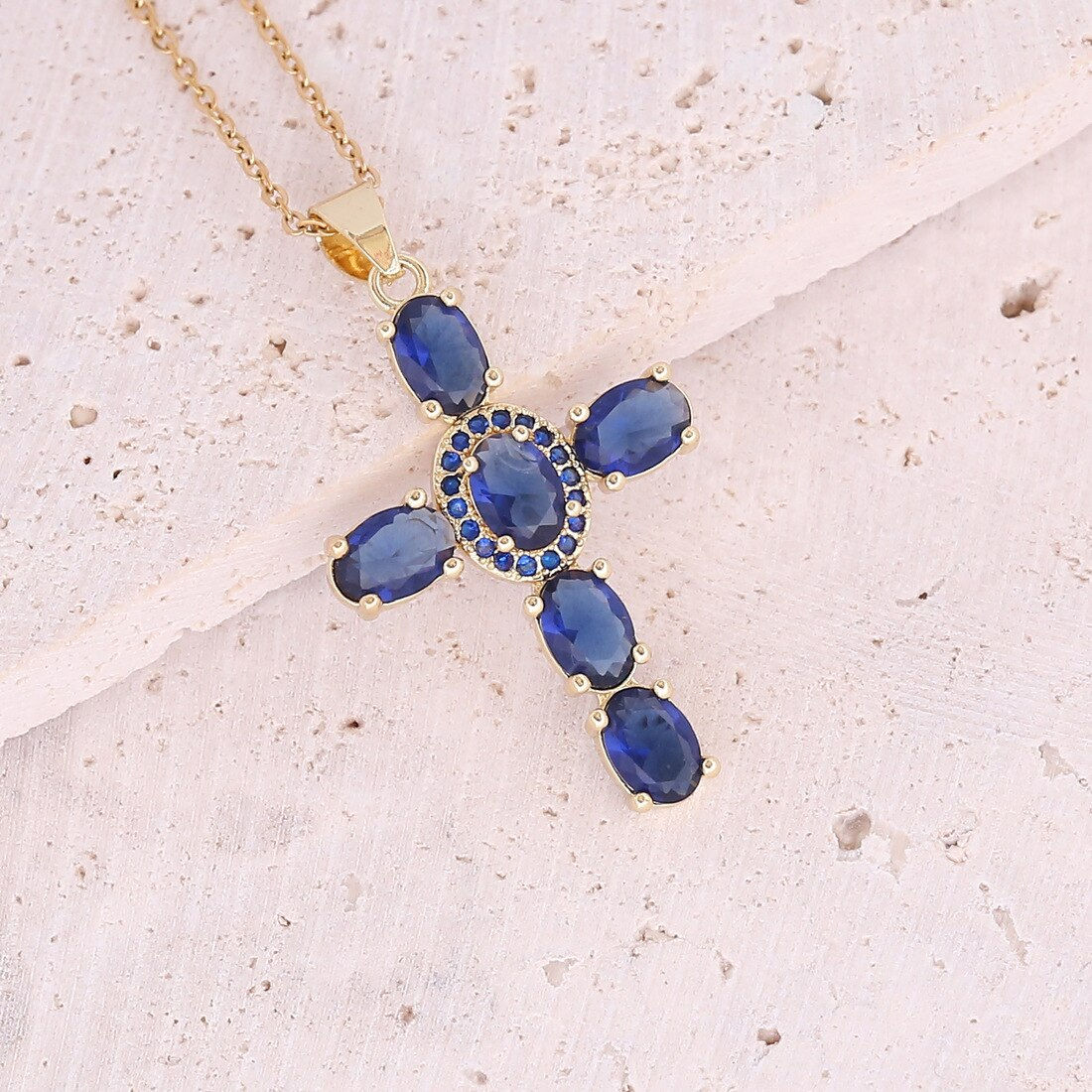 Fashion Simple Cross Natural Stone Pendant Necklace Women Natural Crystal