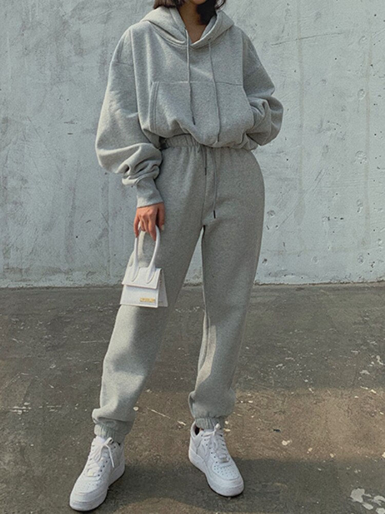 Miniature : Hoodies Suit Winter Spring Solid Casual Tracksuit Women Fleece 2 Pieces Set