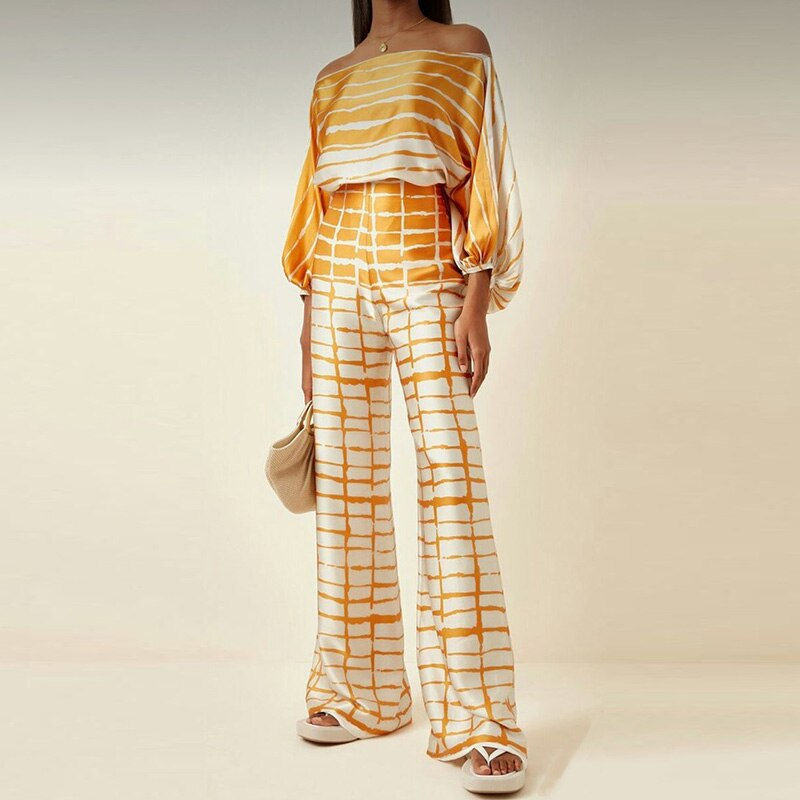 Thumbnail: Casual Satin Commuting Suit Fashion Hollow Off Shoulder Tops With Long Pants