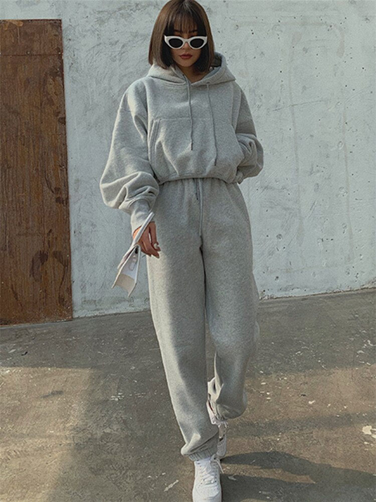 Miniaturbild: Hoodies Suit Winter Spring Solid Casual Tracksuit Women Fleece 2 Pieces Set