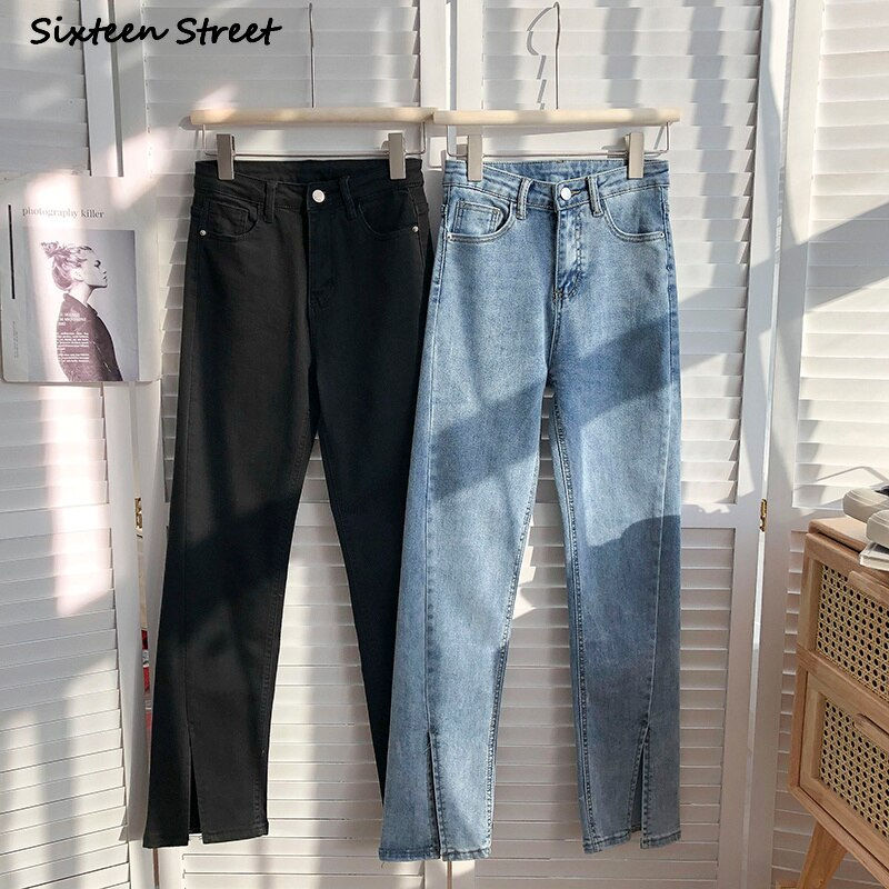Thumbnail: Streetwear Elastic Denim Flare Pants Woman High Waist Vintage Blue Split Jean
