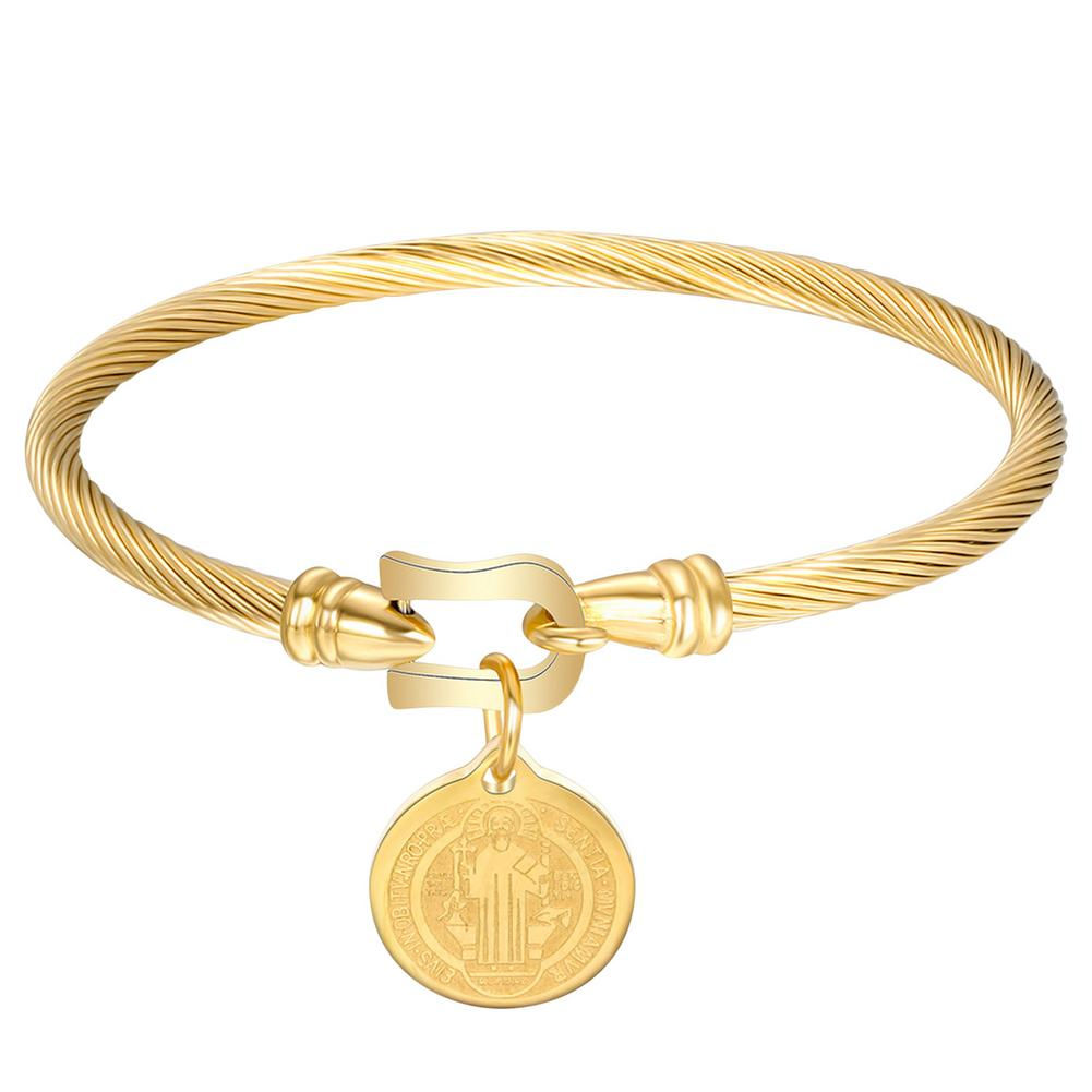 Stainless Steel Jesus San Benito Wire Bangles Saint Benedict Medal Charm