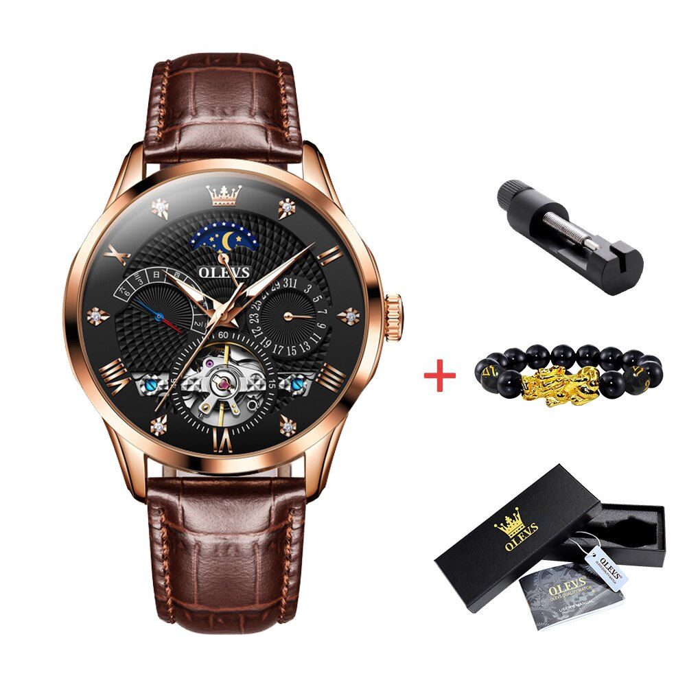OLEVS Men Automatic Mechanical Leather strap Skeleton Luxury Date