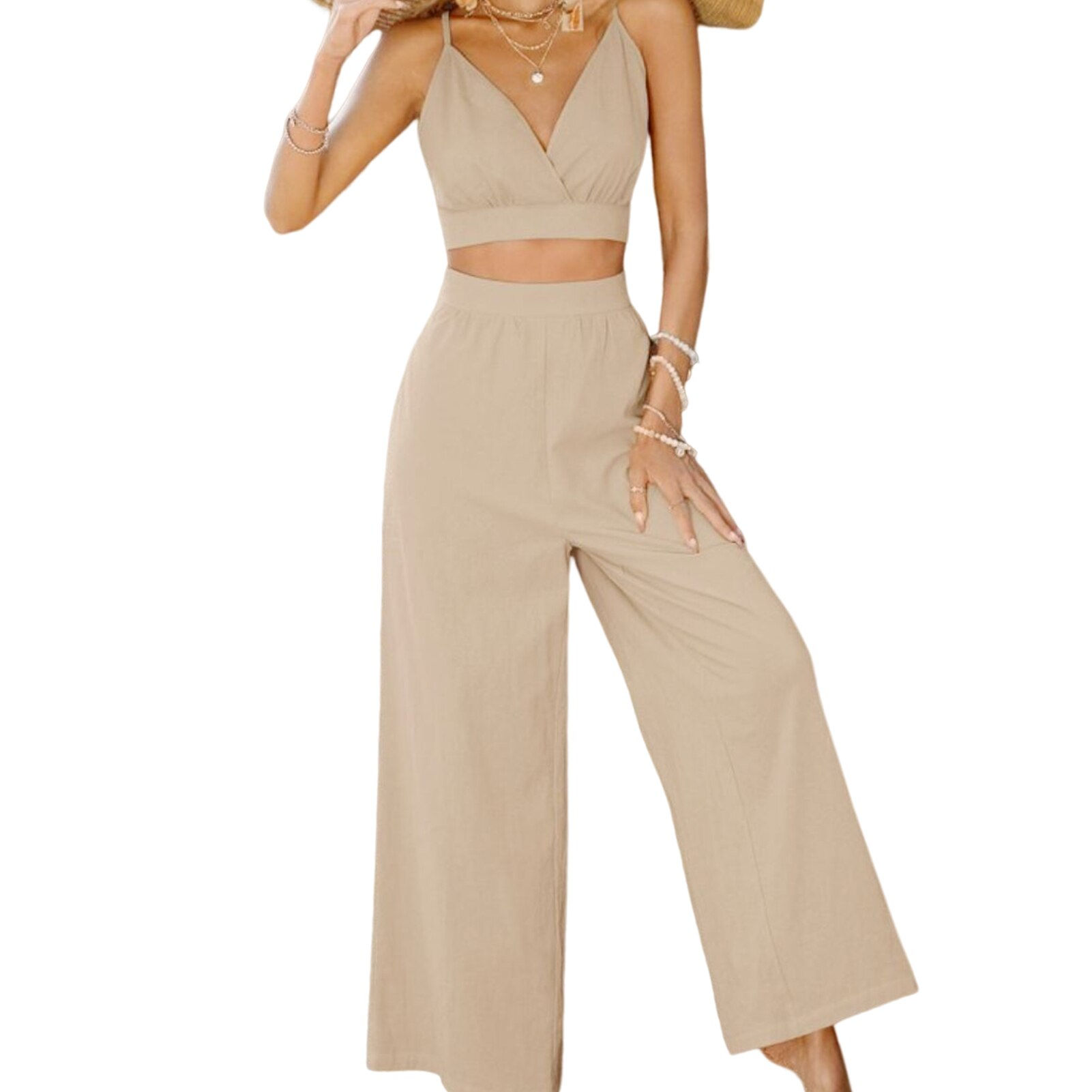 Sexy Sleeveless Slim 2-Piece Set Casual Solid Sets Women Fashion Sling V-Neck