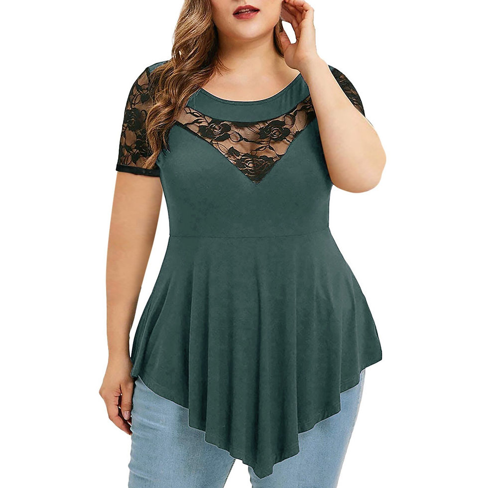 Thumbnail: Elegant Plus Size Lace Tops Women Clothing Solid Floral Lace O-neck Asymmetric
